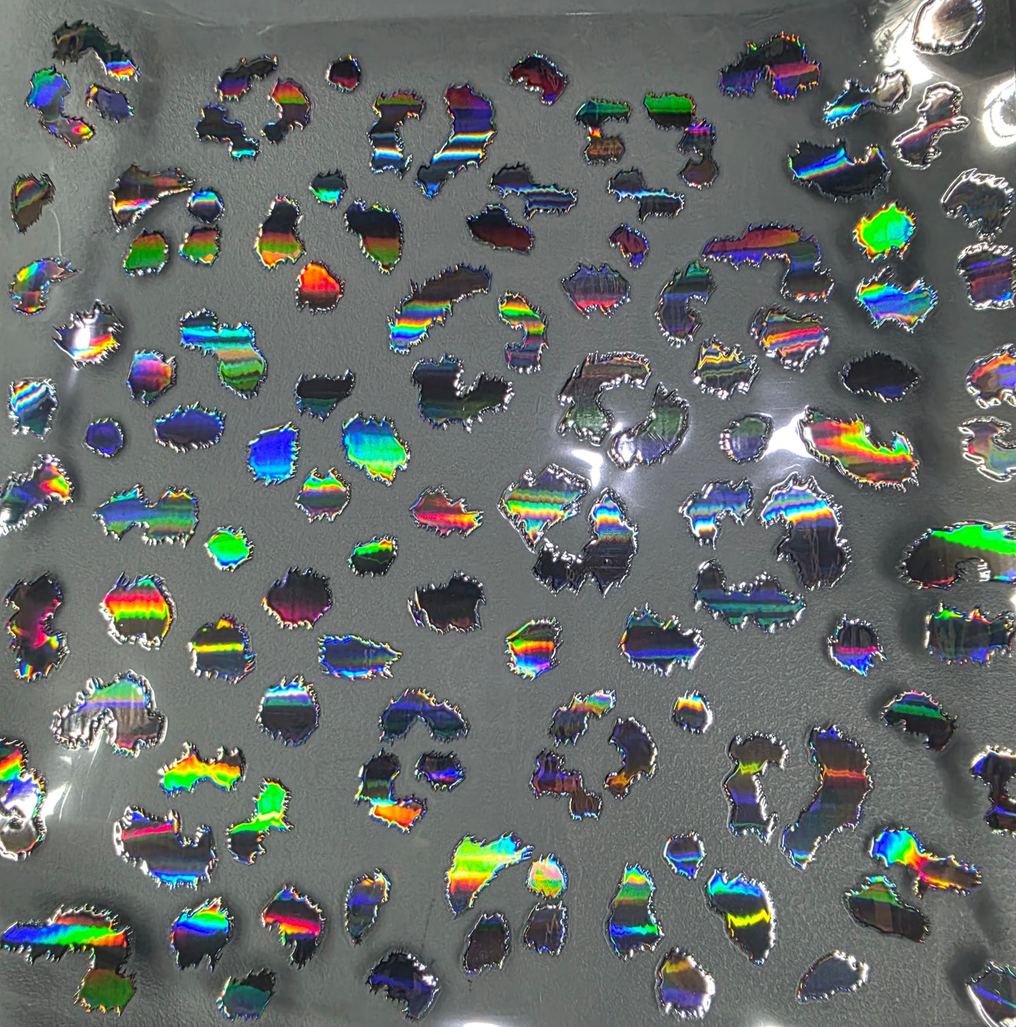 UVDTF Shattered Holographic Laser Silver Fuzzy Leopard 11"x11"