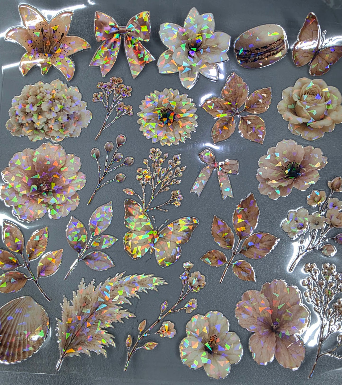 UVDTF Shattered Holographic Taupe Florals 11"x11"
