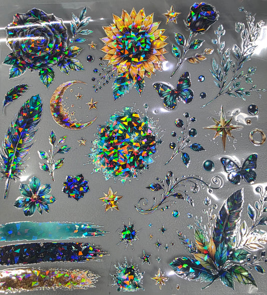 UVDTF Shattered Holographic Black Teal Sunflower Floral 11"x11"