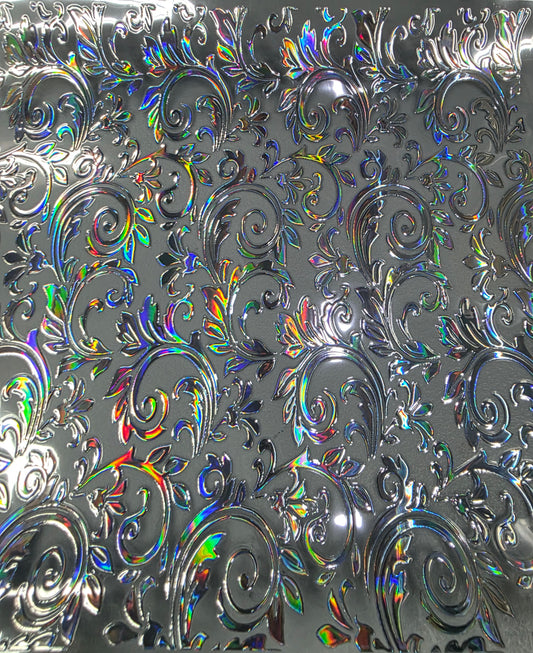 UVDTF Laser Silver Holographic Tooled Leather 11"x11"