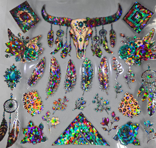 UVDTF Shattered Holographic Teal and Red Boho Cow Skull 11"x11"