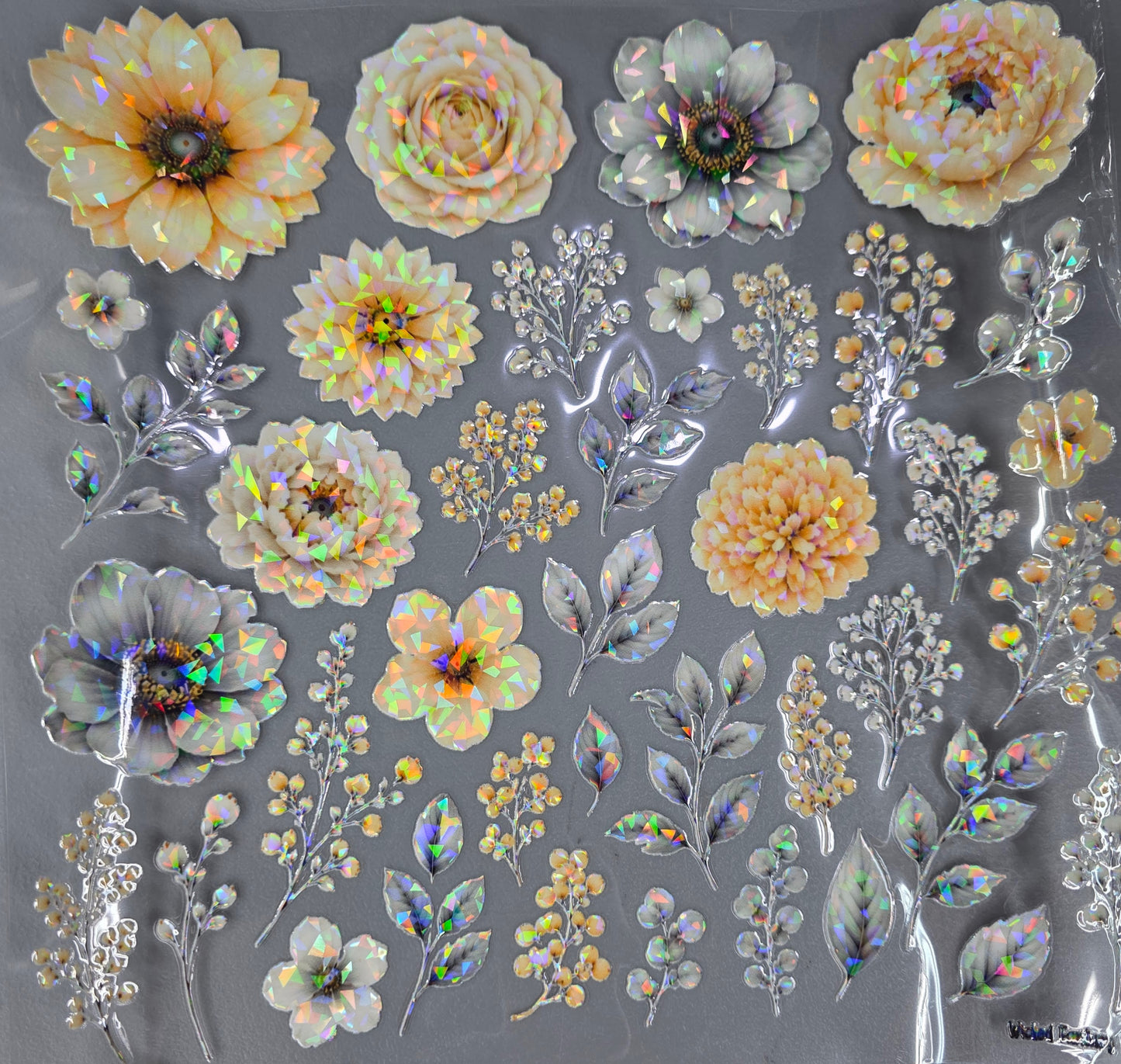 UVDTF Shattered Holographic Pastel Yellow and Grey Florals 11"x11"