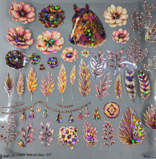 UVDTF Shattered Holographic Blush and Caramel Florals with Horse 11"x11"