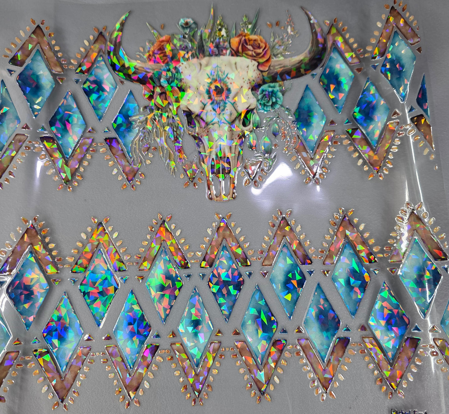 UVDTF Shattered Holographic Blue Aztec Cow Skull 11"x11"
