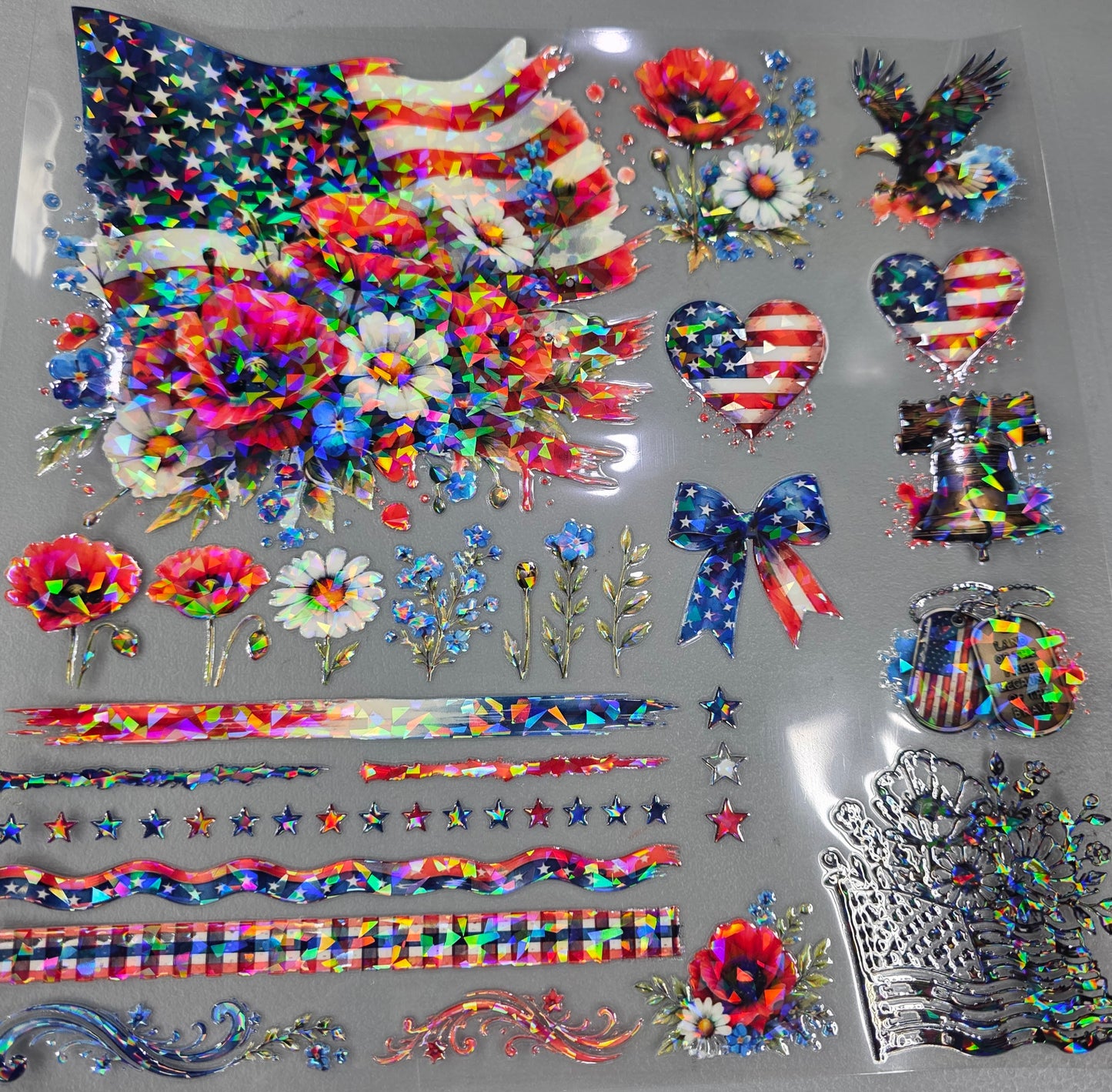 UVDTF Shattered Holographic American Flag Poppies 11"x11"