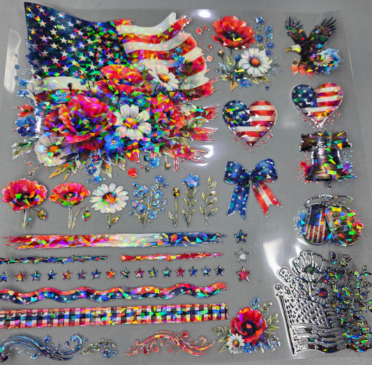 UVDTF Shattered Holographic American Flag Poppies 11"x11"
