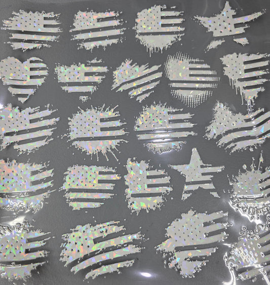 UVDTF Shattered Holographic White American Flag Splatters 11"x11"