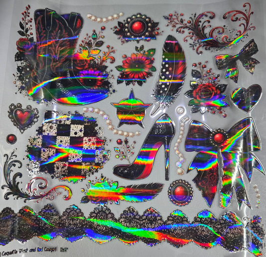 UVDTF Laser Holographic Coquette Black and Red Cowgirl 11"x11