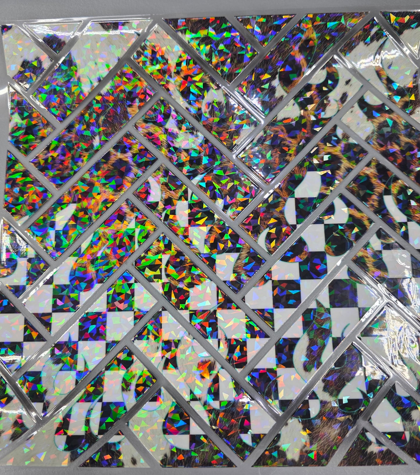 UVDTF Shattered Holographic Leopard Checkered Cowhide Herringbone 11"x11"