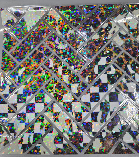 UVDTF Shattered Holographic Leopard Checkered Cowhide Herringbone 11"x11"