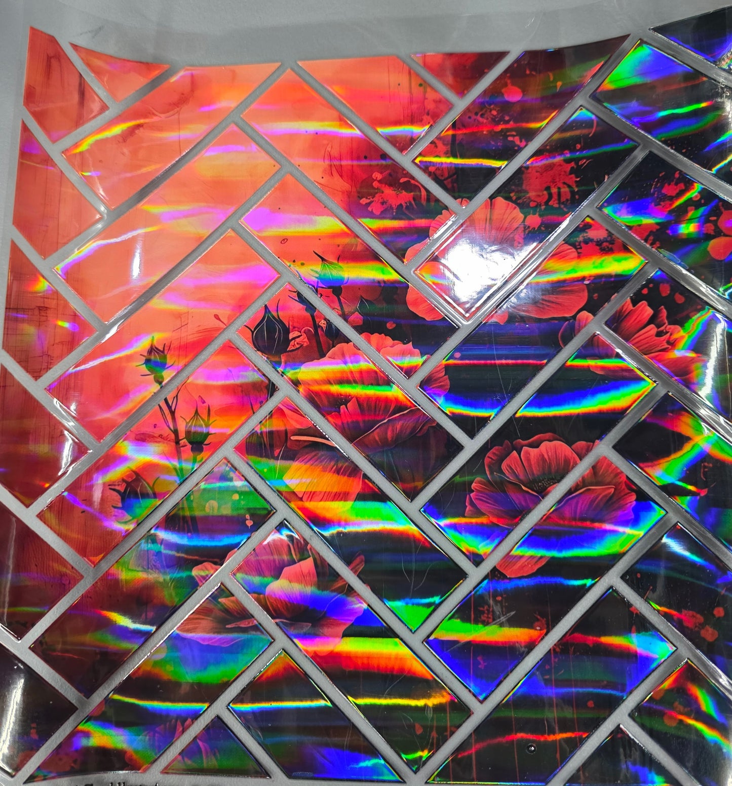 UVDTF Laser Holographic Red and Black Floral Herringbone 11"x11"