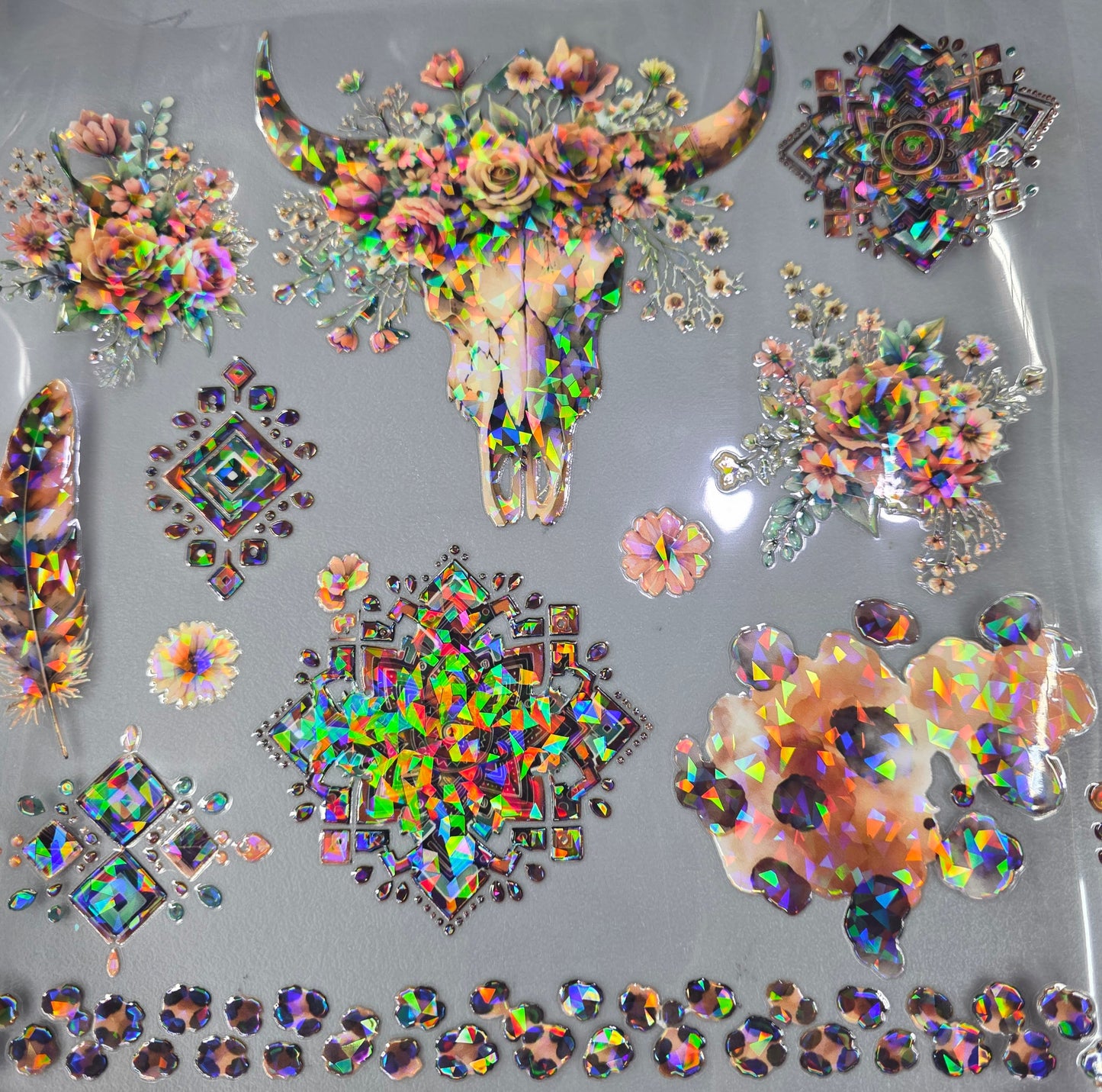 UVDTF Shattered Holographic Leopard Aztec Cow Skull 11"x11"