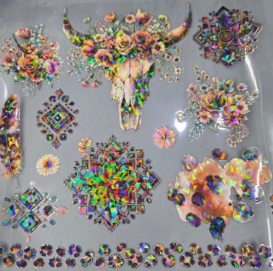 UVDTF Shattered Holographic Leopard Aztec Cow Skull 11"x11"