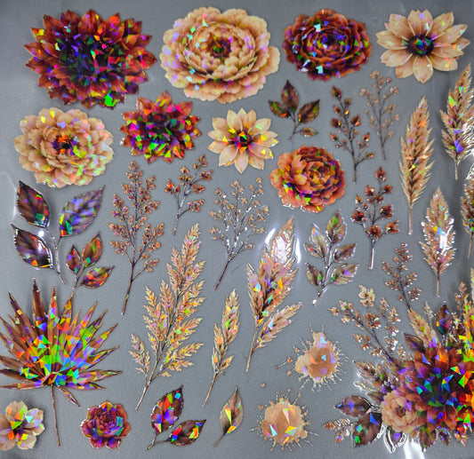 UVDTF Shattered Holographic Pampas Grass and Rust Florals 11"x11"