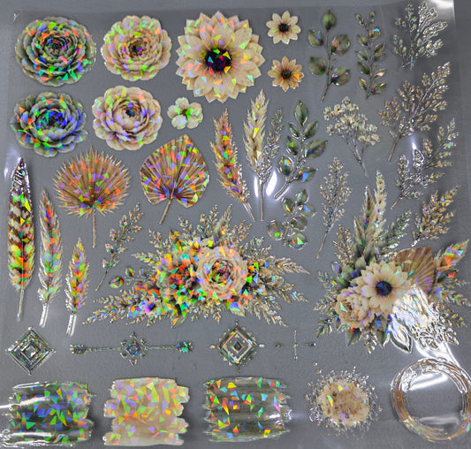 UVDTF Shattered Holographic Boho Sage and Cream Floral 11"x11"
