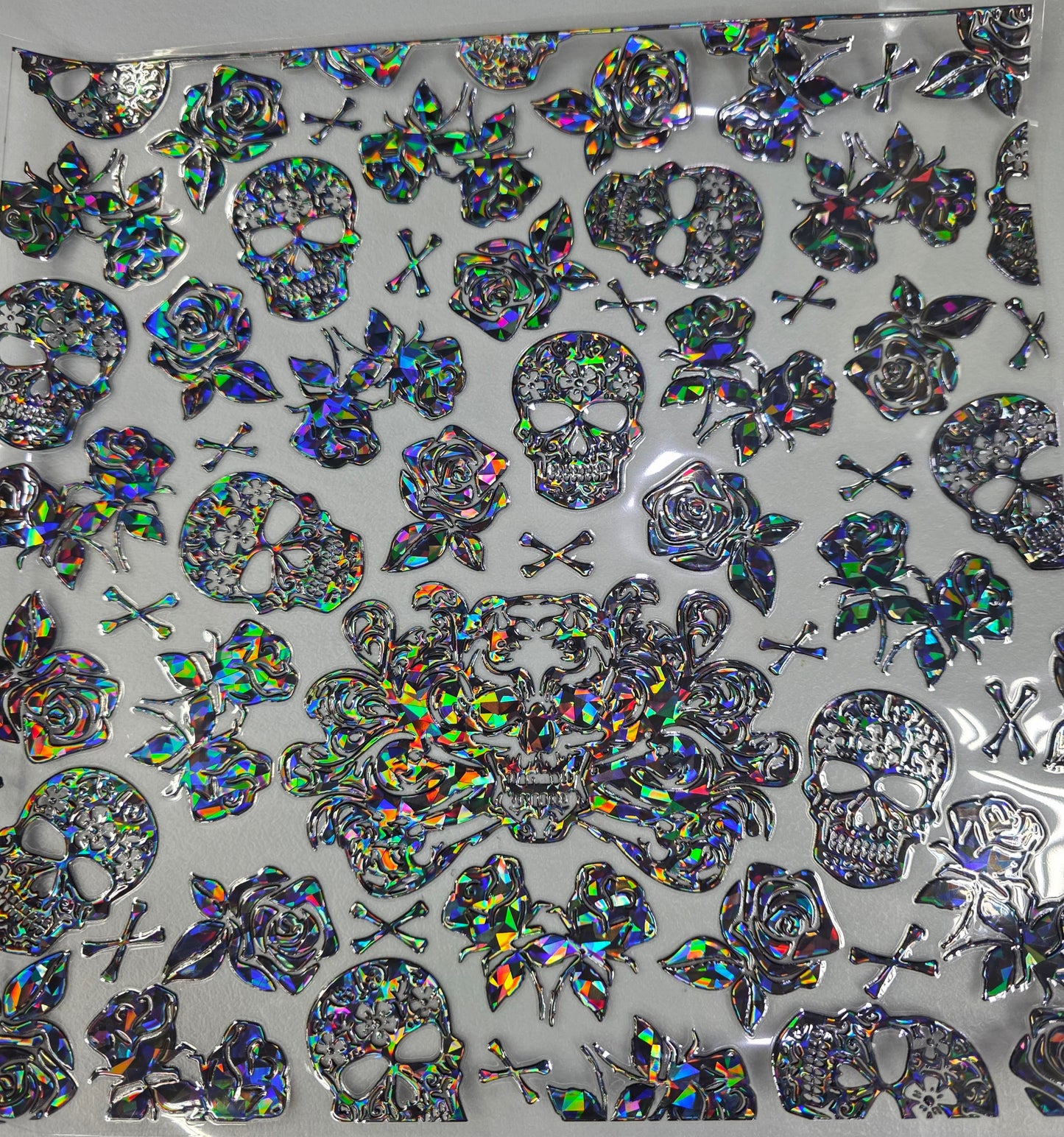 UVDTF Shattered Holographic Black Sugar Skulls and Roses 11"x11"