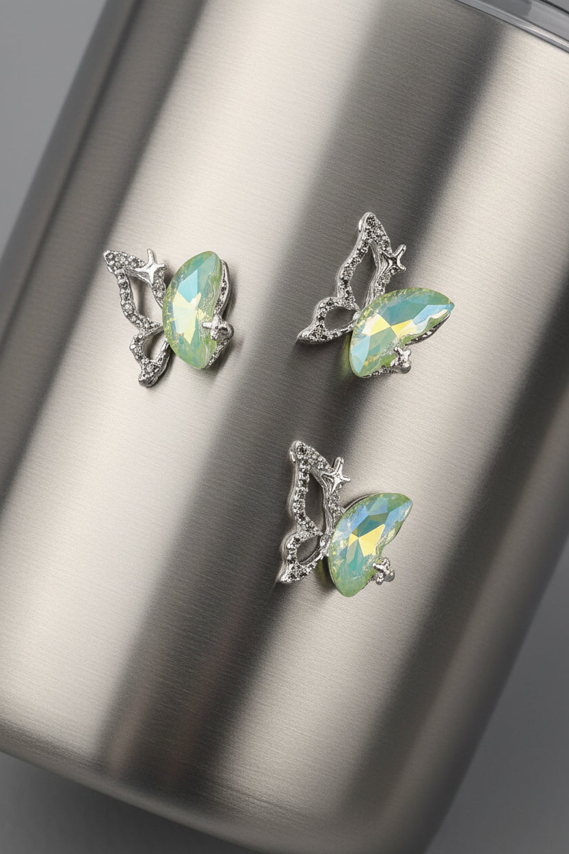 Silver Butterfly with Green Stone Tumbler Embellishment Nail Charm 15mm