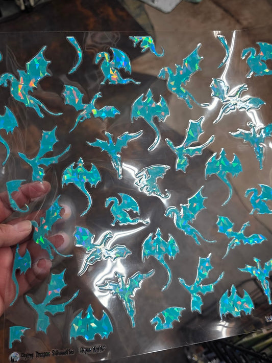UVDTF Shattered Holographic Flying Dragon Silhouettes Aqua 11"x11"