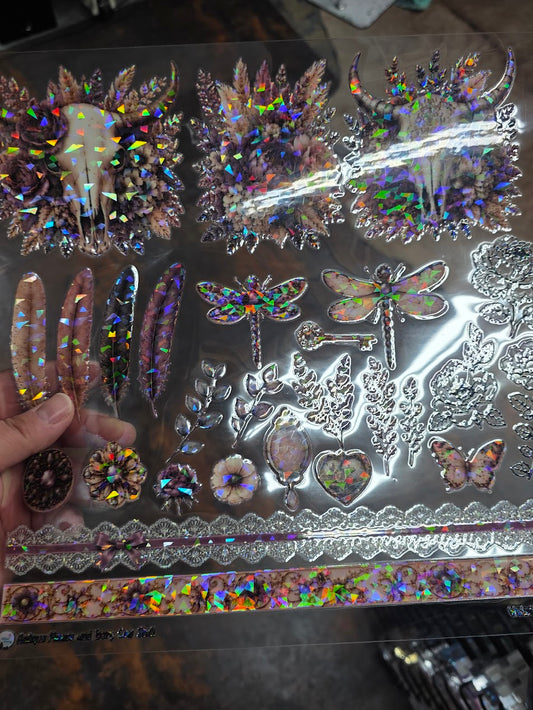 UVDTF Shattered Holographic Antique Mauve and Ivory Cow Skulls 11"x11"