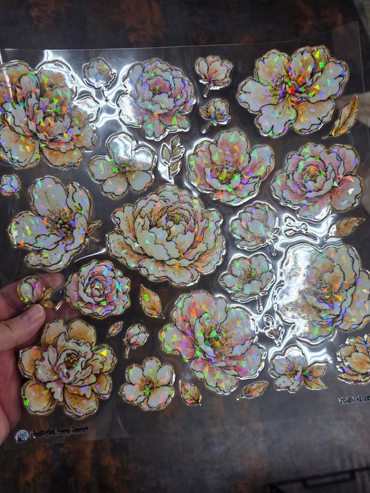 UVDTF Shattered Holographic Illustrated Ivory Peonies 11"x11"