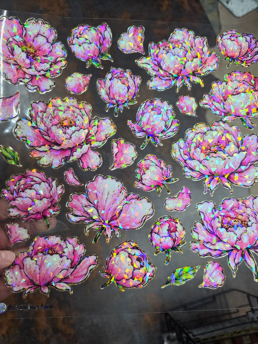 UVDTF Shattered Holographic Illustrated Pink Peonies 11"x11