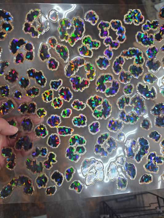 UVDTF Shattered Holographic Leather and Gold Outline Fuzzy Leopard 11"x11"