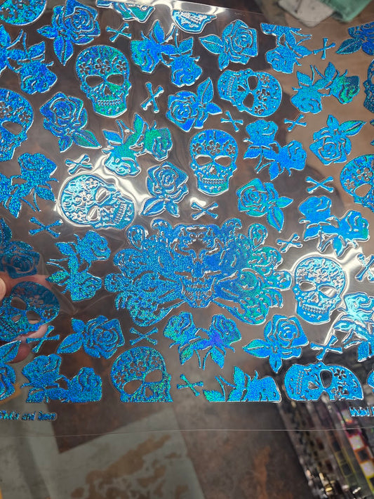 UVDTF Prism Blue Holographic Skulls and Roses 11"x11"
