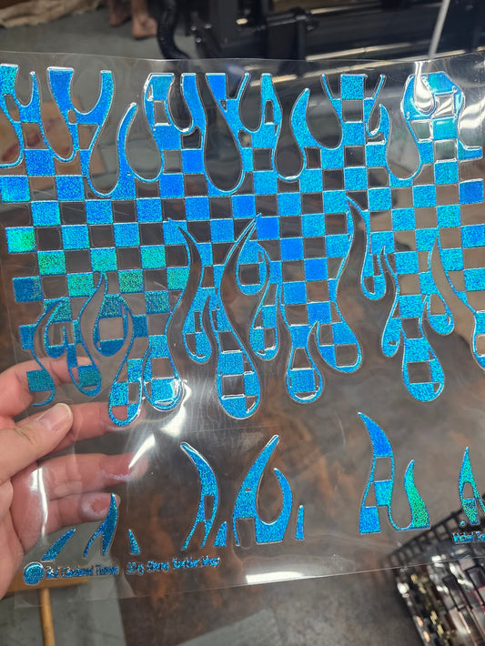 UVDTF Prism Blue Holographic Checkered Flames 11"x11"