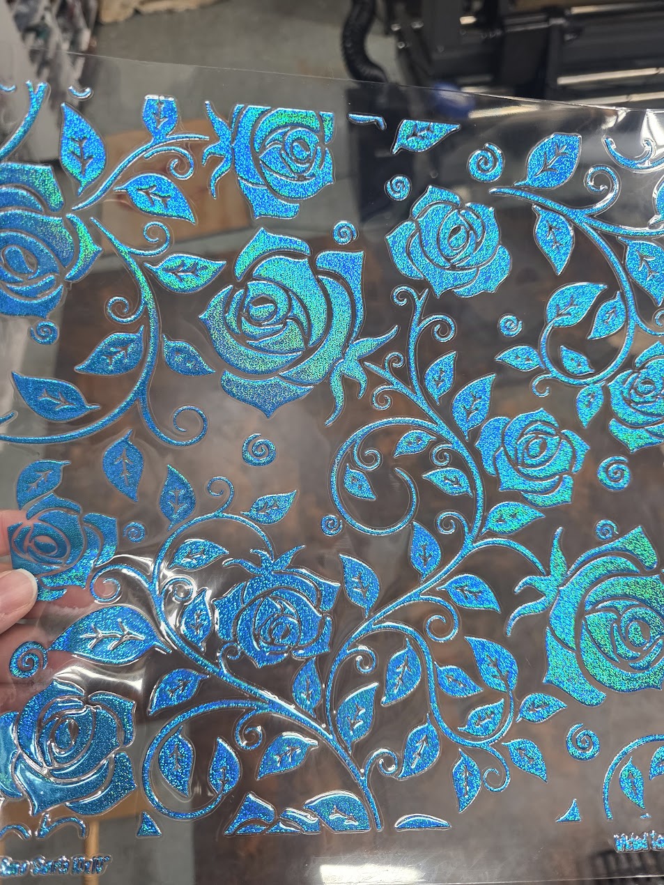 UVDTF Prism Blue Holographic Rose Swirls 11"x11"
