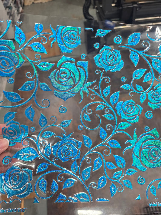 UVDTF Prism Blue Holographic Rose Swirls 11"x11"