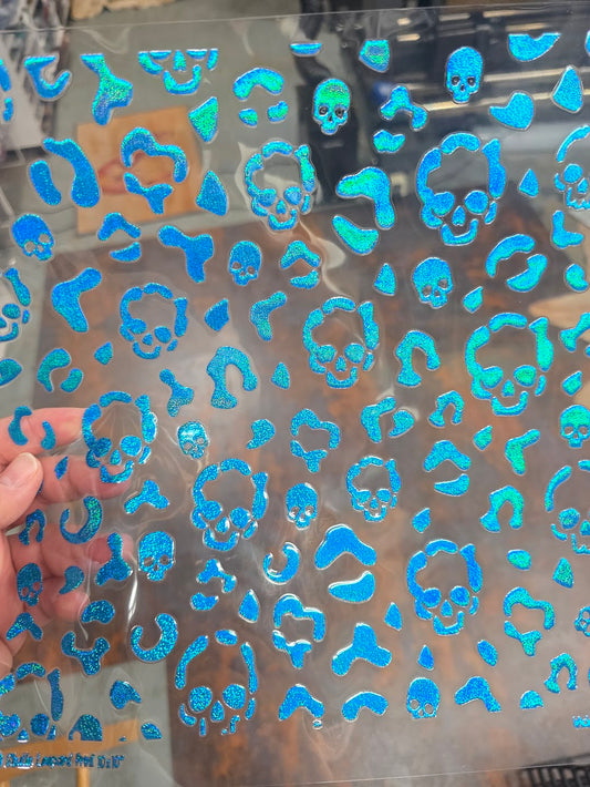 UVDTF Prism Blue Holographic Skulls Leopard Print 11"x11"