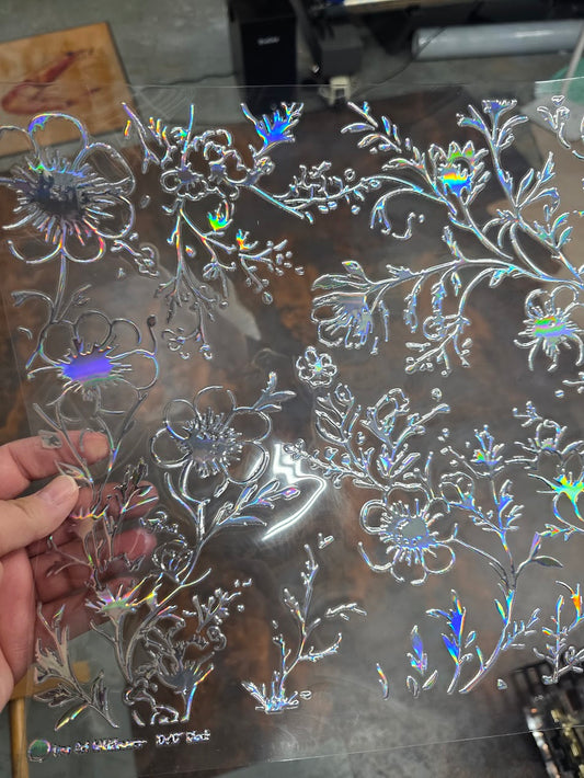 UVDTF Laser Holographic Silver Line Art Wildflowers 11"x11"
