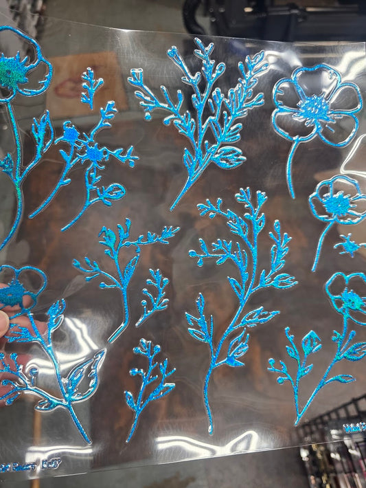 UVDTF Prism Blue Holographic Line Art Flowers 11"x11"