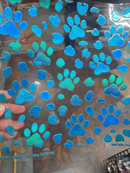UVDTF Prism Blue Holographic Paw Prints 11"x11"