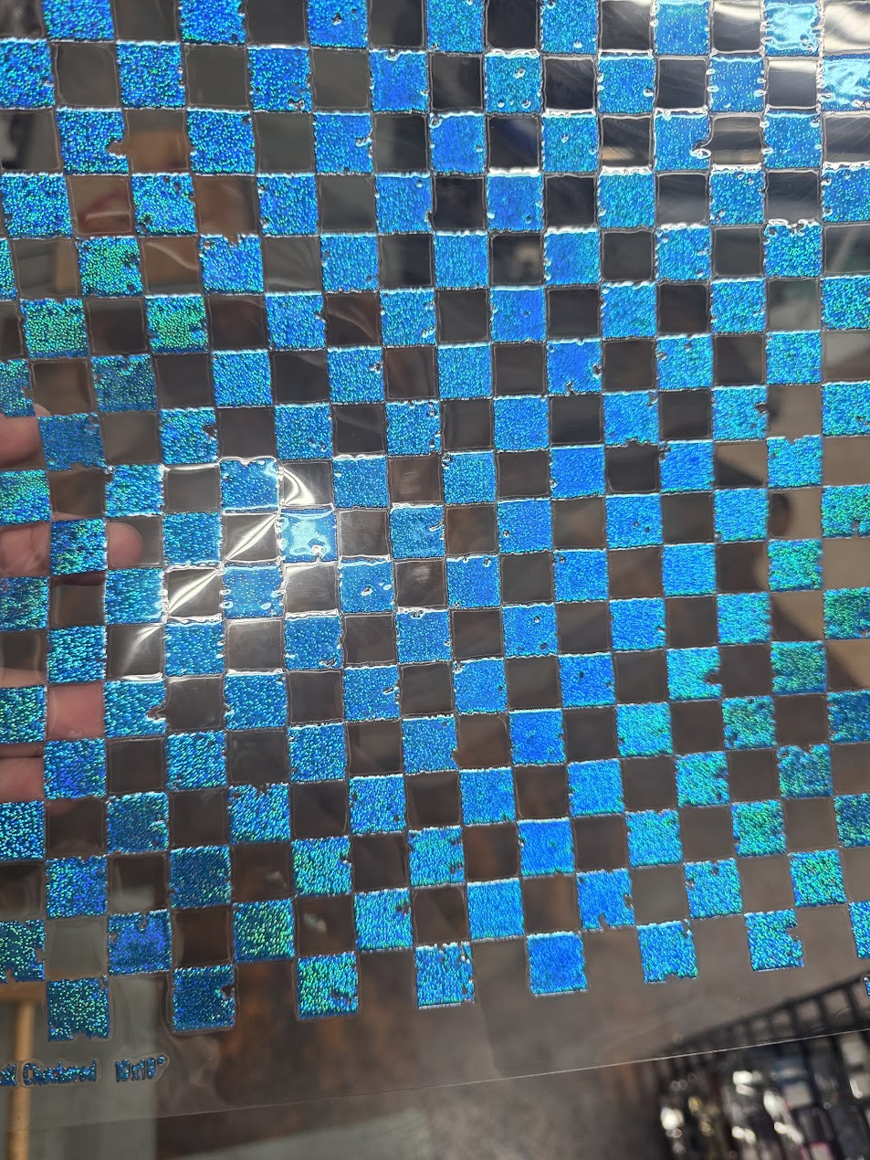 UVDTF Prism Blue Holographic Grunge Checkered 11"x11"
