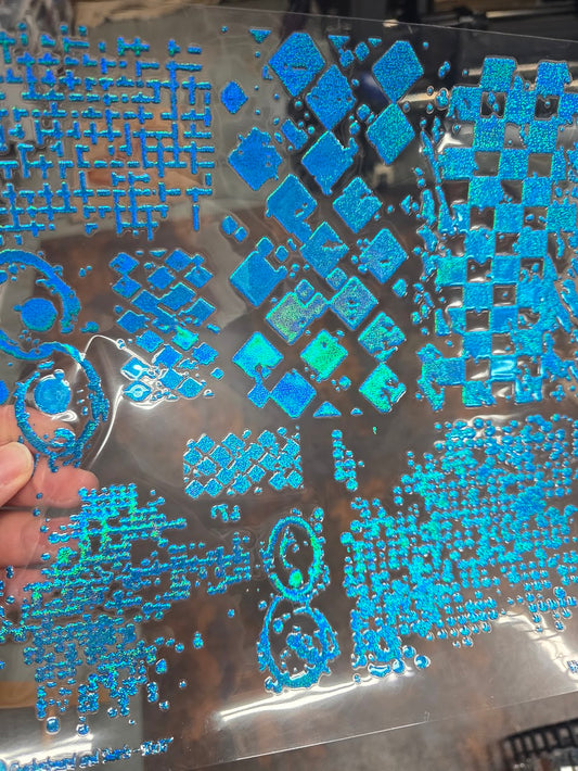 UVDTF Prism Blue Holographic Checkerboard and Swirls 11"x11"