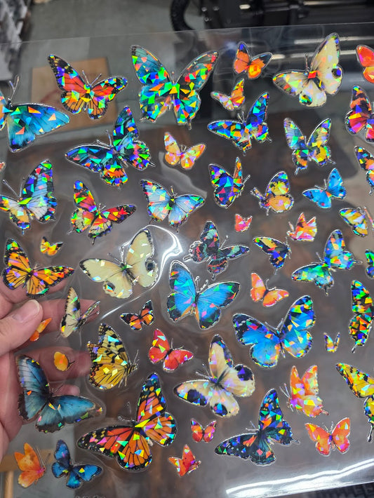 UVDTF Shattered Holographic Teal Butterflies 11"x11"