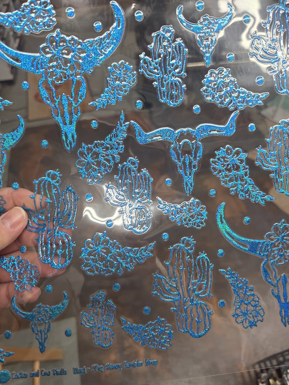 UVDTF Prism Blue Holographic Cactus and Cow Skulls 11"x11"