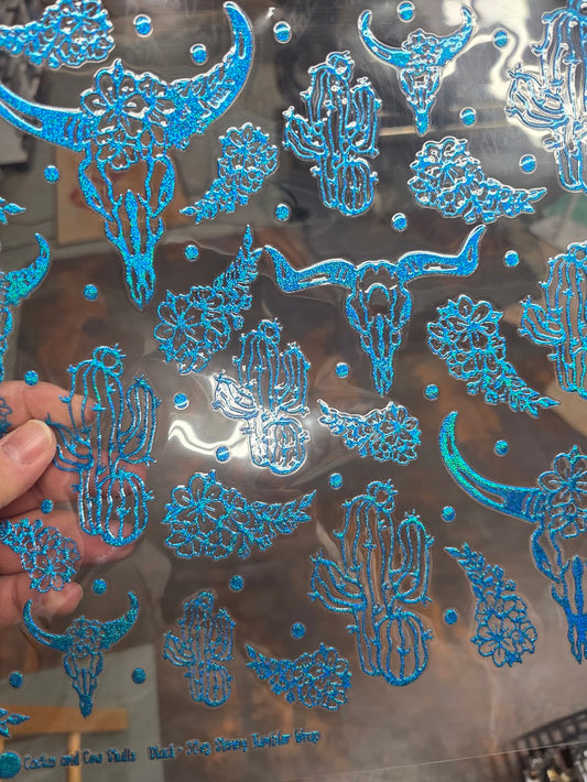 UVDTF Prism Blue Holographic Cactus and Cow Skulls 11"x11"