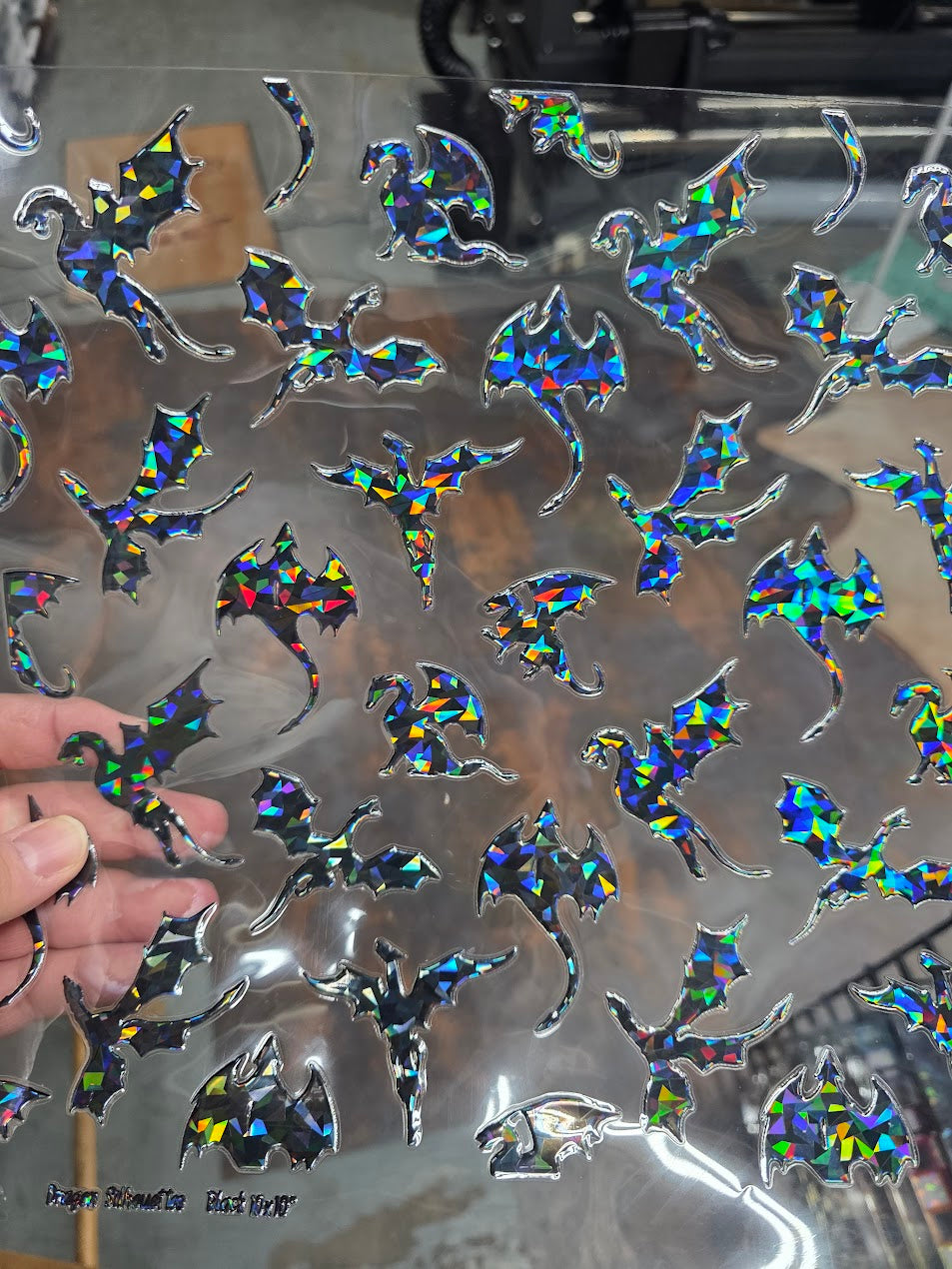 UVDTF Shattered Holographic Black Flying Dragon Silhouettes 11"x11"