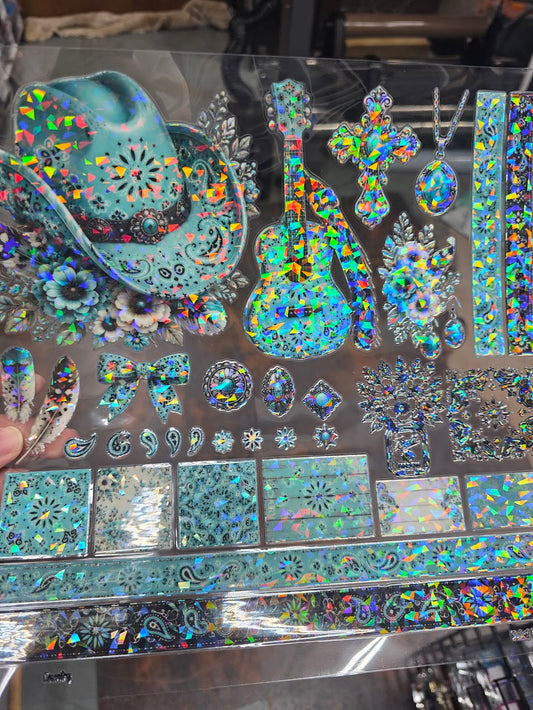 UVDTF Shattered Holographic Teal Paisley 11"x11"