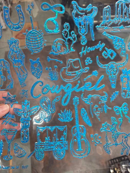 UVDTF Prism Blue Holographic Cowgirl Line Art 11"x11"