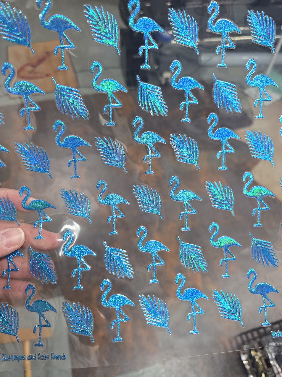 UVDTF Prism Blue Holographic Flamingos and Palm Fronds 11"x11"