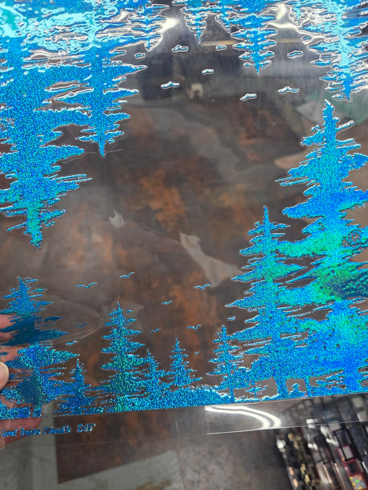 UVDTF Prism Blue Holographic Forest Treeline Silhouette 11"x11"