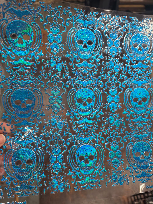 UVDTF Prism Blue Holographic Gothic Skull Damask 11"x11"