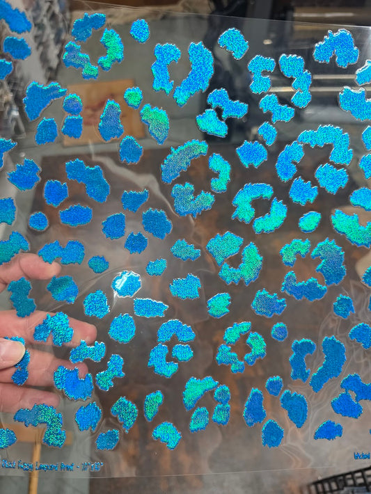 UVDTF Prism Blue Holographic Large Fuzzy Leopard Print 11"x11"