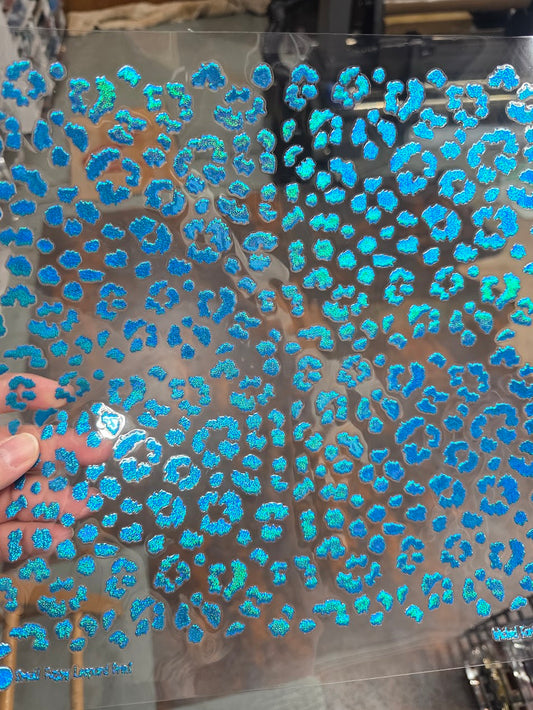 UVDTF Prism Blue Holographic Small Fuzzy Leopard Print 11"x11"