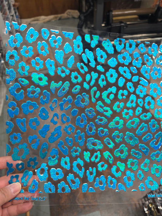 UVDTF Prism Blue Holographic Leopard Print Floral 11"x11"