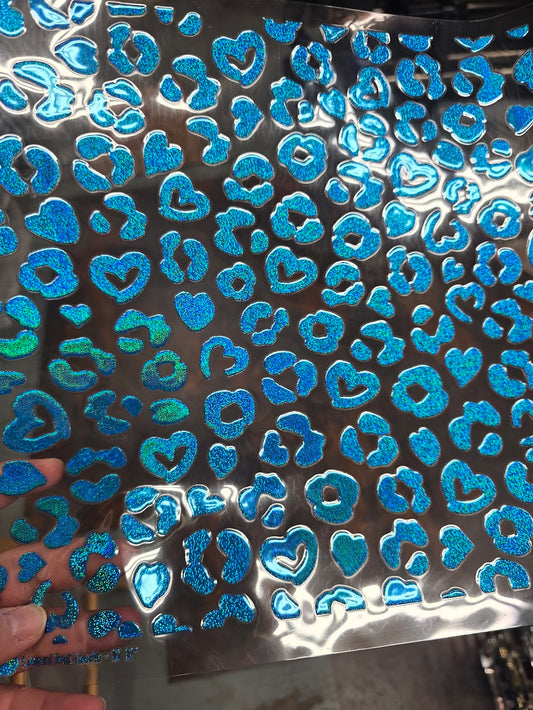 UVDTF Prism Blue Holographic Leopard Print Hearts 11"x11"