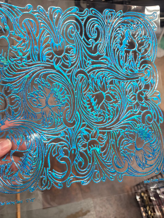 UVDTF Prism Blue Holographic Leather Tooling Floral 11"x11"